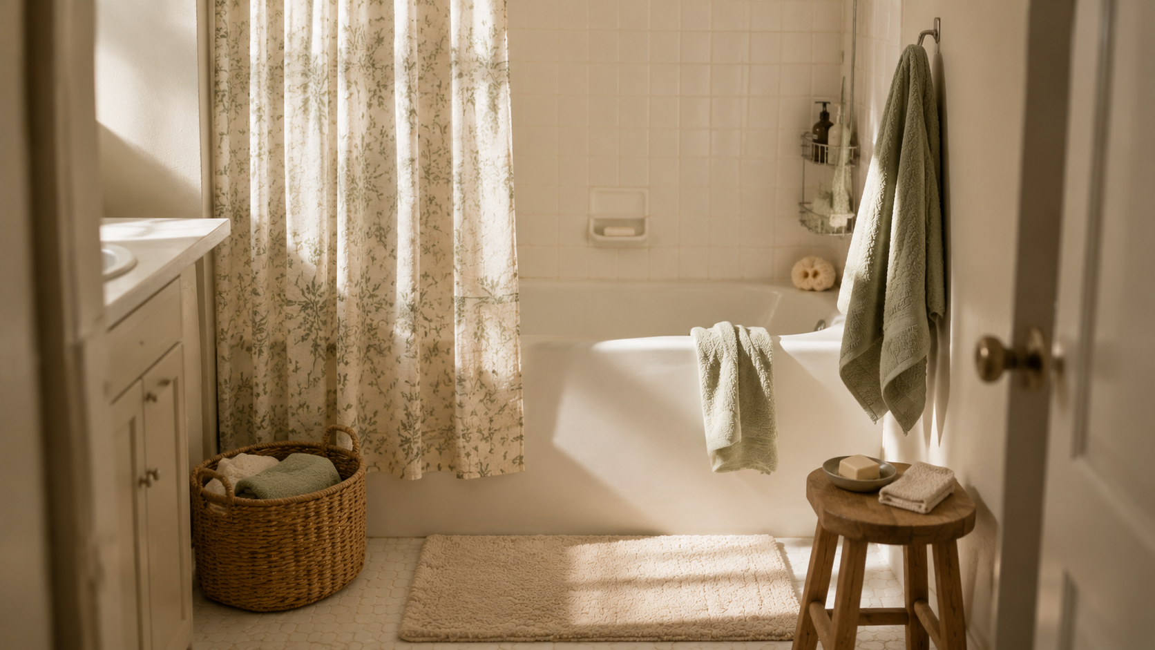A calm lived-in bathroom with neutral textiles and natural light
